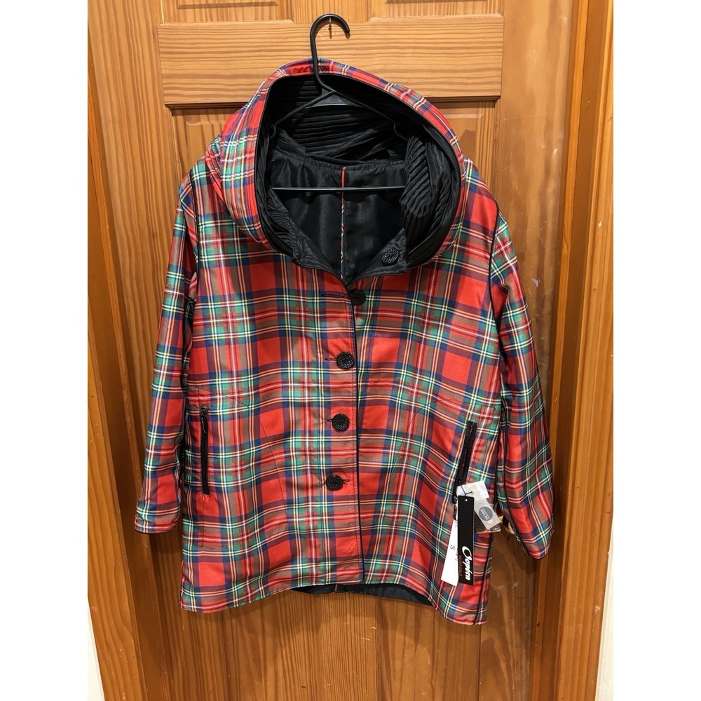 NWT Oopera Tartan Black Reversible Raincoat With Pockets Hood Luxury  Size Small